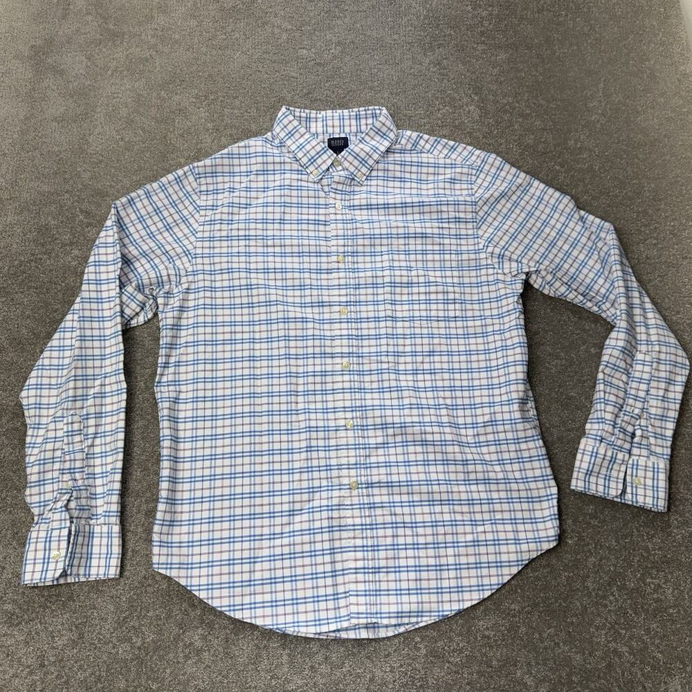 Reed Edward Mens L Plaid Dress Shirt Blue‎ White Red Long Sleeve Button Up
